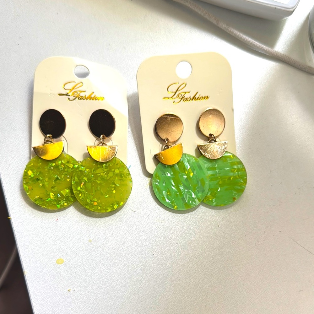 2 for $12 L'Fashion Green and gold Dangle Earrings